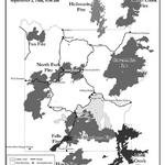 On September 1, 1988, nine fires still raged in or near Yellowstone National Park. By September 5, more than 9,600 people were fighting fires in Yellowstone, but it took snow on September 11 to stop the fires’ spread. Map produced by the Yellowstone Spatial Analysis Center